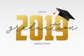 Graduating card template. Class of 2019 - banner with gold numbers and mortarboard. Concept of congratulations for graduation. Royalty Free Stock Photo